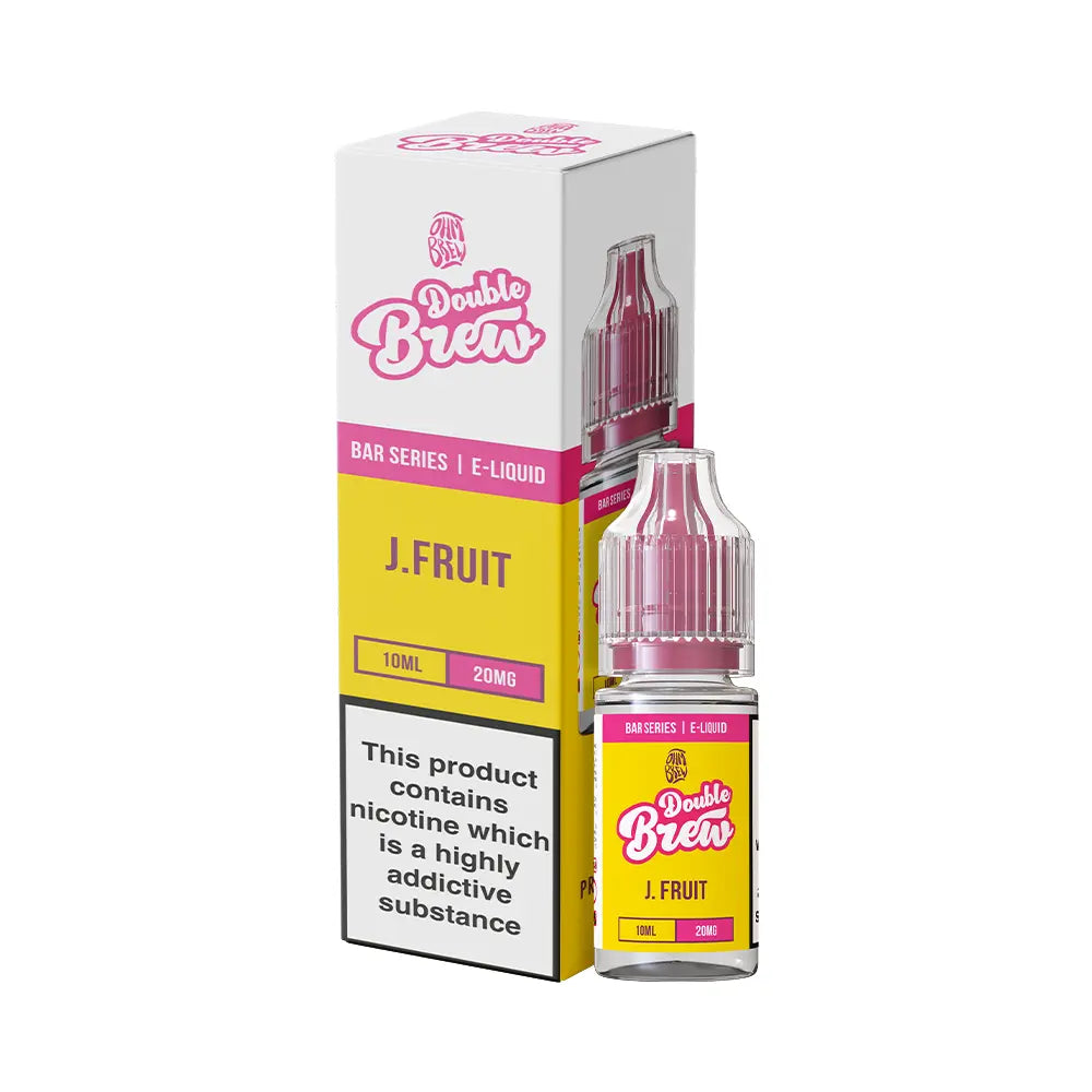 Ohm Brew Double Brew J. Fruit e-liquid, 10ml bottle and box, pink and yellow design.