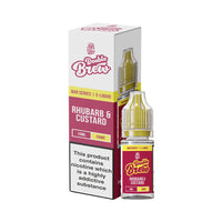 Ohm Brew Double Brew Rhubarb & Custard e-liquid, 10ml bottle and packaging.