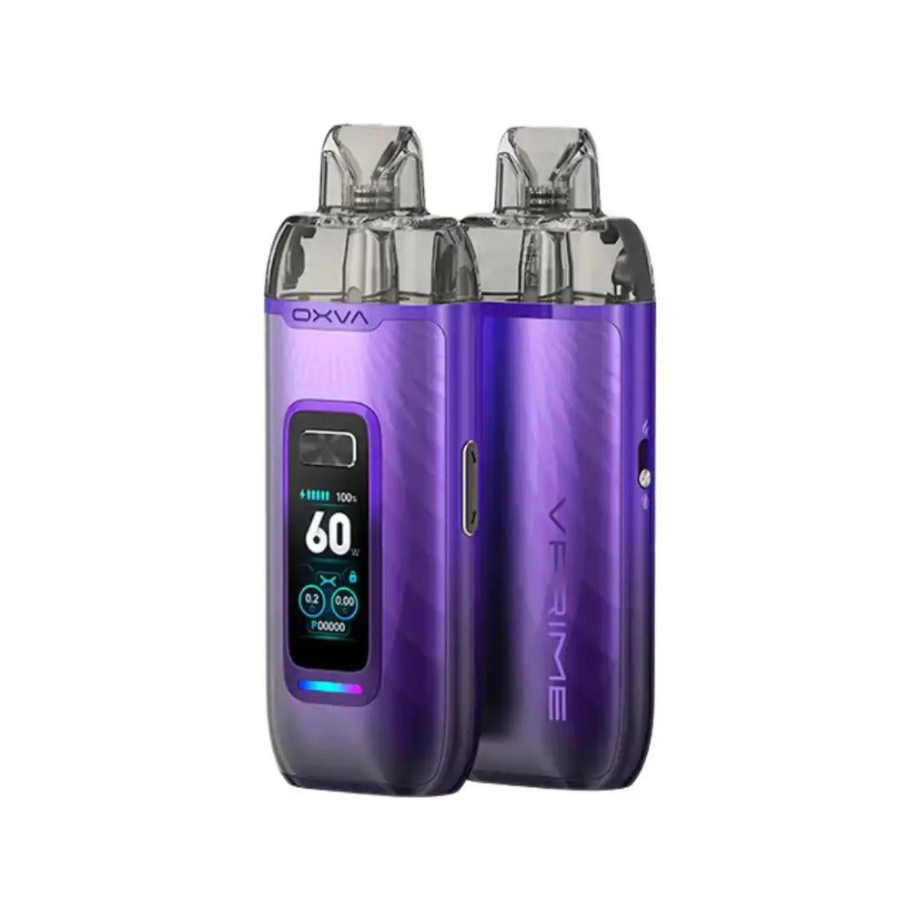 OXVA VPrime pod vape kit in auroral purple, featuring a digital display and sleek design.