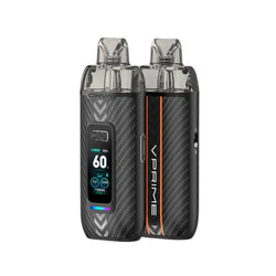 Four OXVA V-Prime pod vape kits in brown, purple, and black carbon fibre designs.
