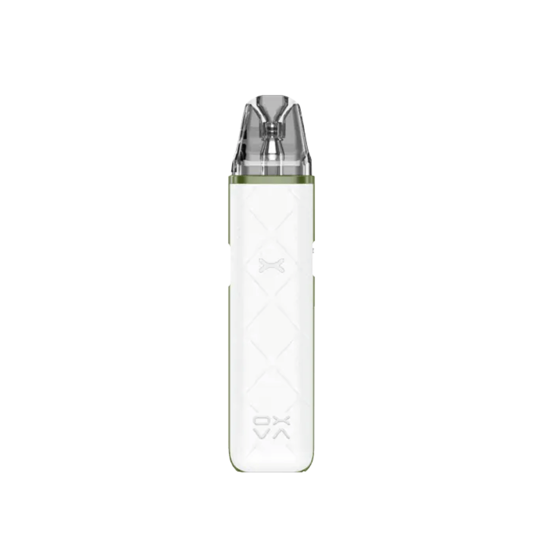 OXVA Xlim GO pod vape kit in white, featuring a sleek design with a transparent mouthpiece.