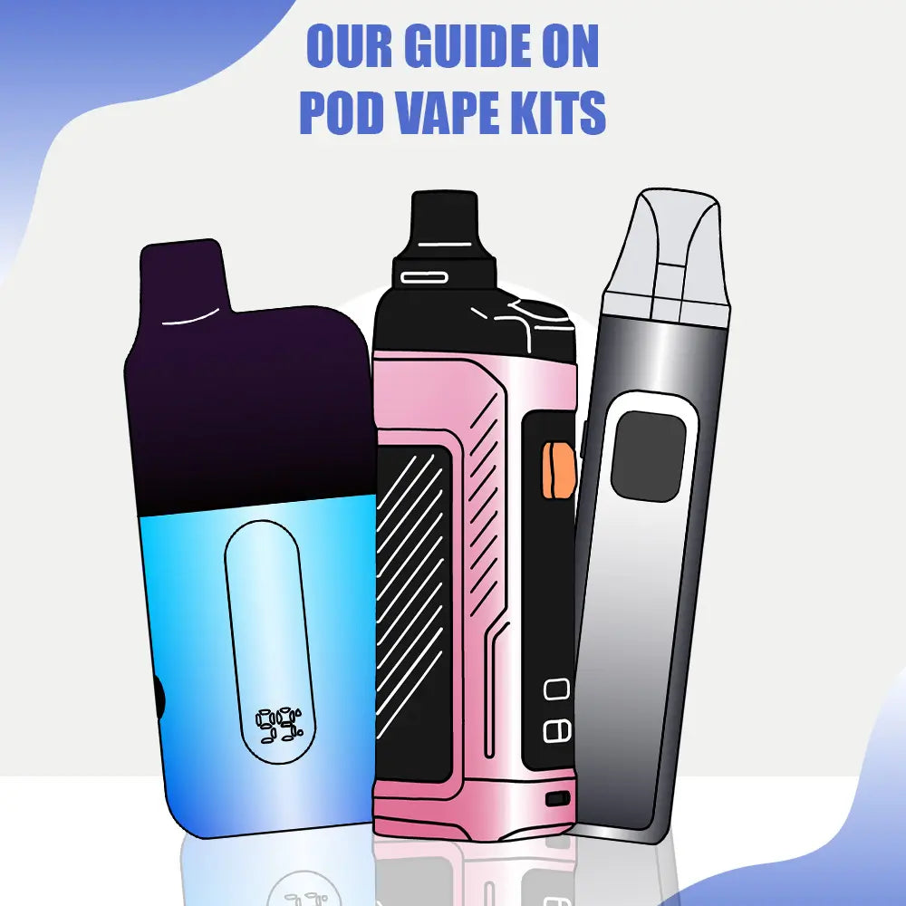 Pod vape kits guide showing various refillable vaping devices including colorful pod systems in blue, pink, black and silver arranged against gradient background - beginner vape kit selection