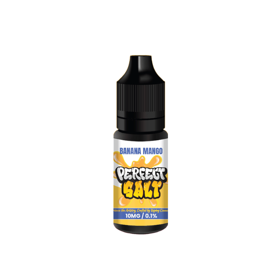 Perfect Salt Banana Mango 10ml bottle with a vibrant yellow label and black cap.