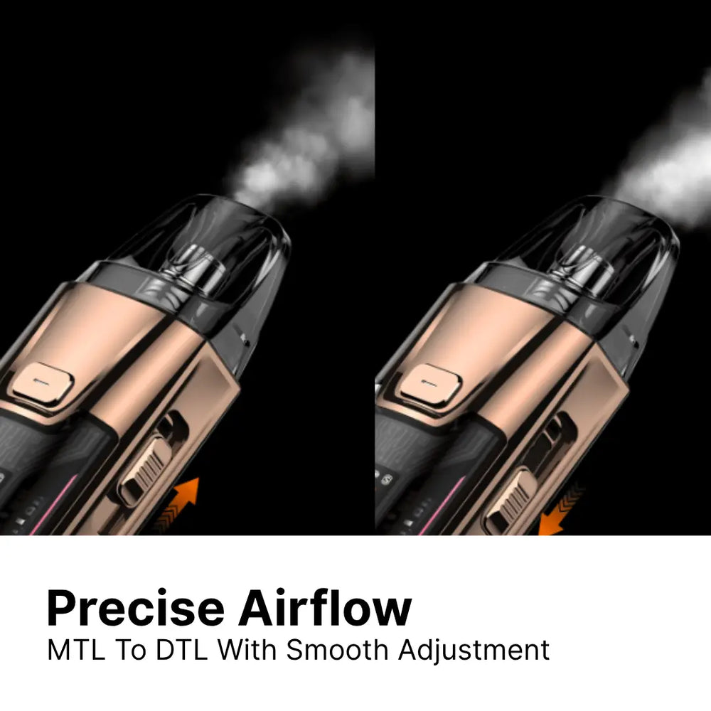 Vaporesso LUXE XR MAX 2 pod kit featuring precise airflow adjustment from mouth-to-lung (MTL) to direct-to-lung (DTL) with smooth control mechanism for optimal vapour production