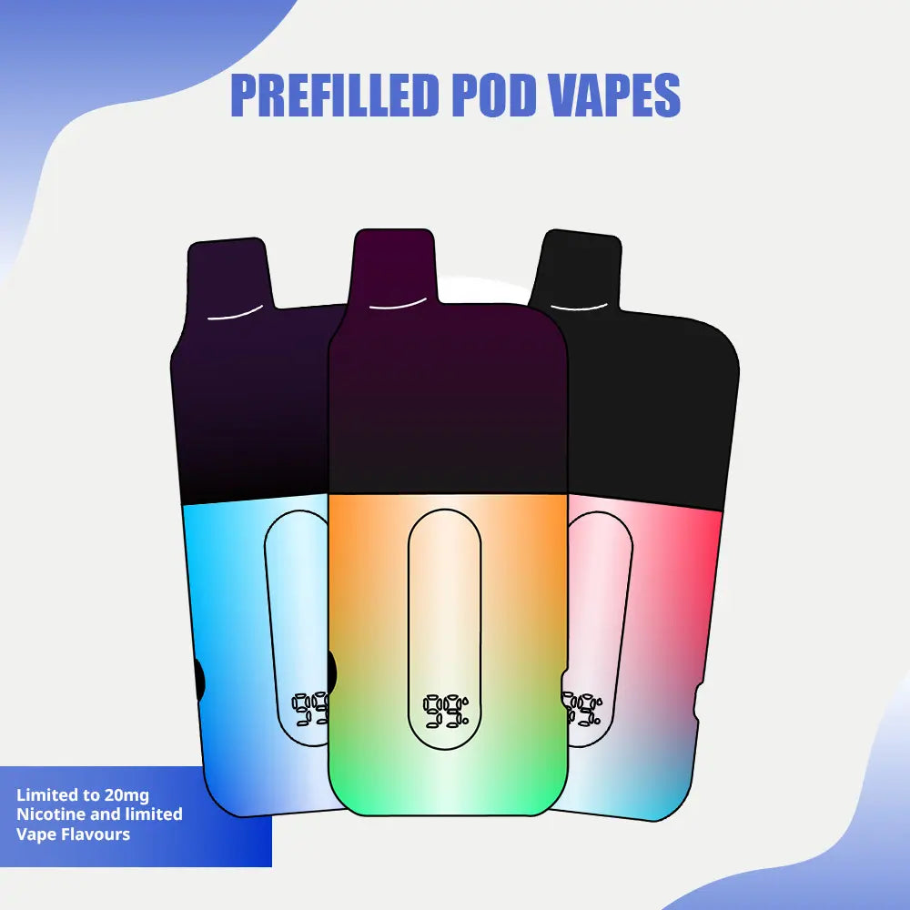 Three sleek prefilled pod vapes with gradient designs, limited to 20mg nicotine and offering a small range of available vape flavors for simple vaping