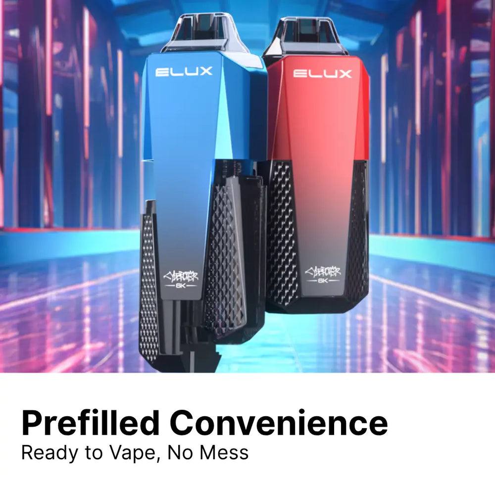 Blue and red Elux prefilled vape kits ready to use straight from the box showing convenient no-mess vaping solution