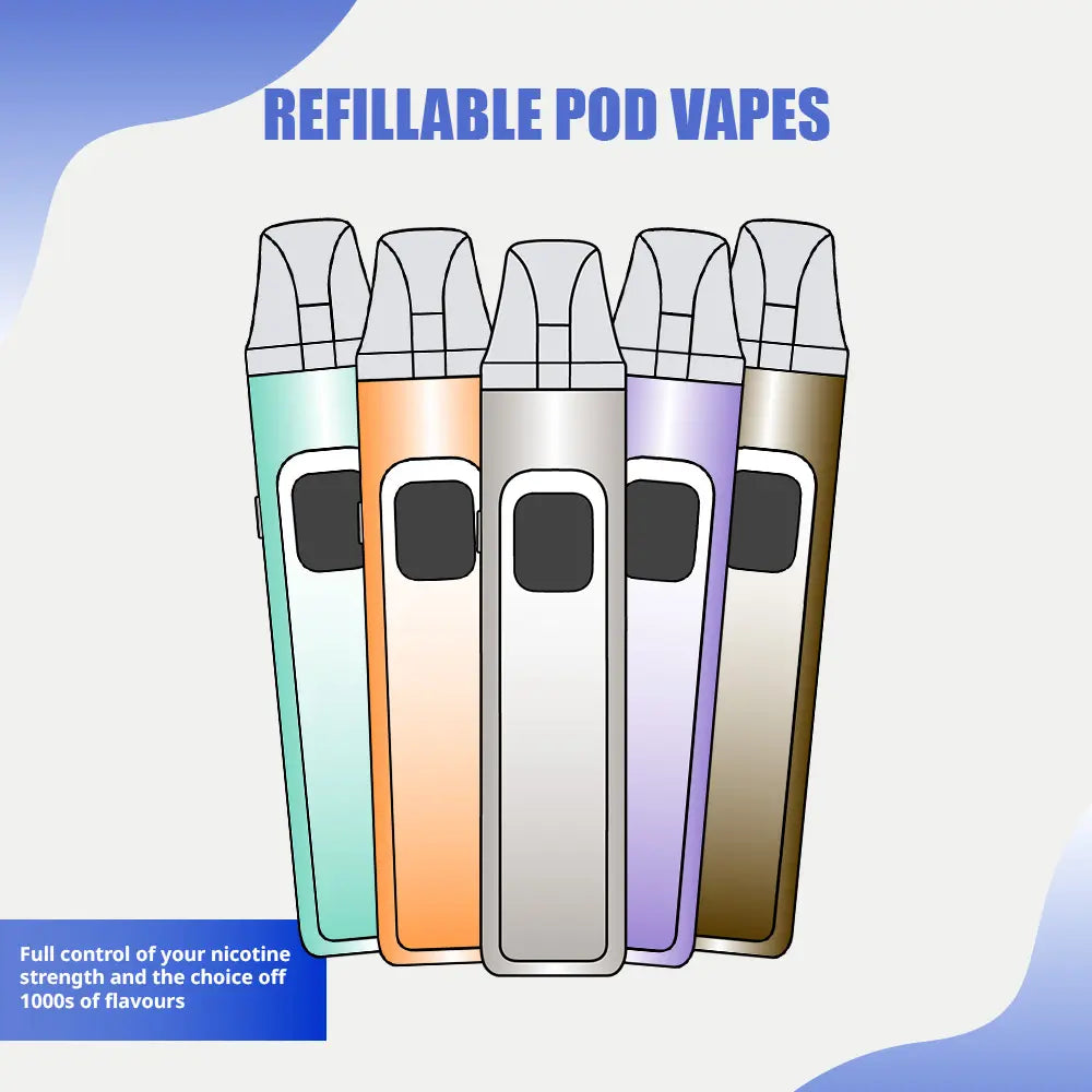 Five colorful refillable pod vapes offering customizable nicotine strength and access to thousands of vape juice flavours