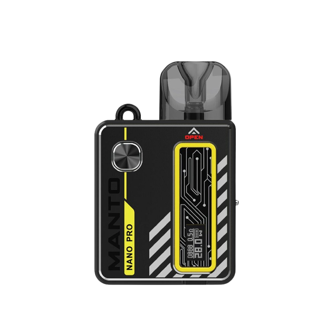 Rincoe Manto Nano Pro Pod Kit in yellow and black with circuit design and "OPEN" label on top.