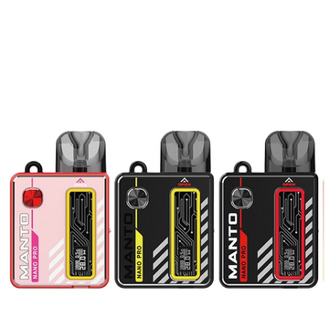 Three Rincoe Manto Nano Pro Pod Kits in pink, yellow, and red on a white background.