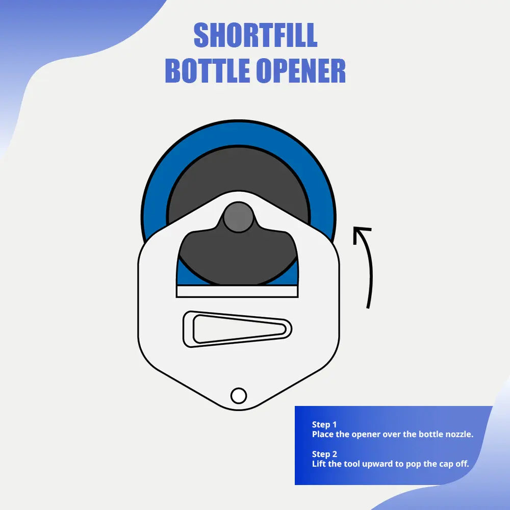 Shortfill bottle opener tool diagram showing how to open e-liquid bottles - step 1 place opener over bottle nozzle, step 2 lift tool upward to pop cap off for vaping