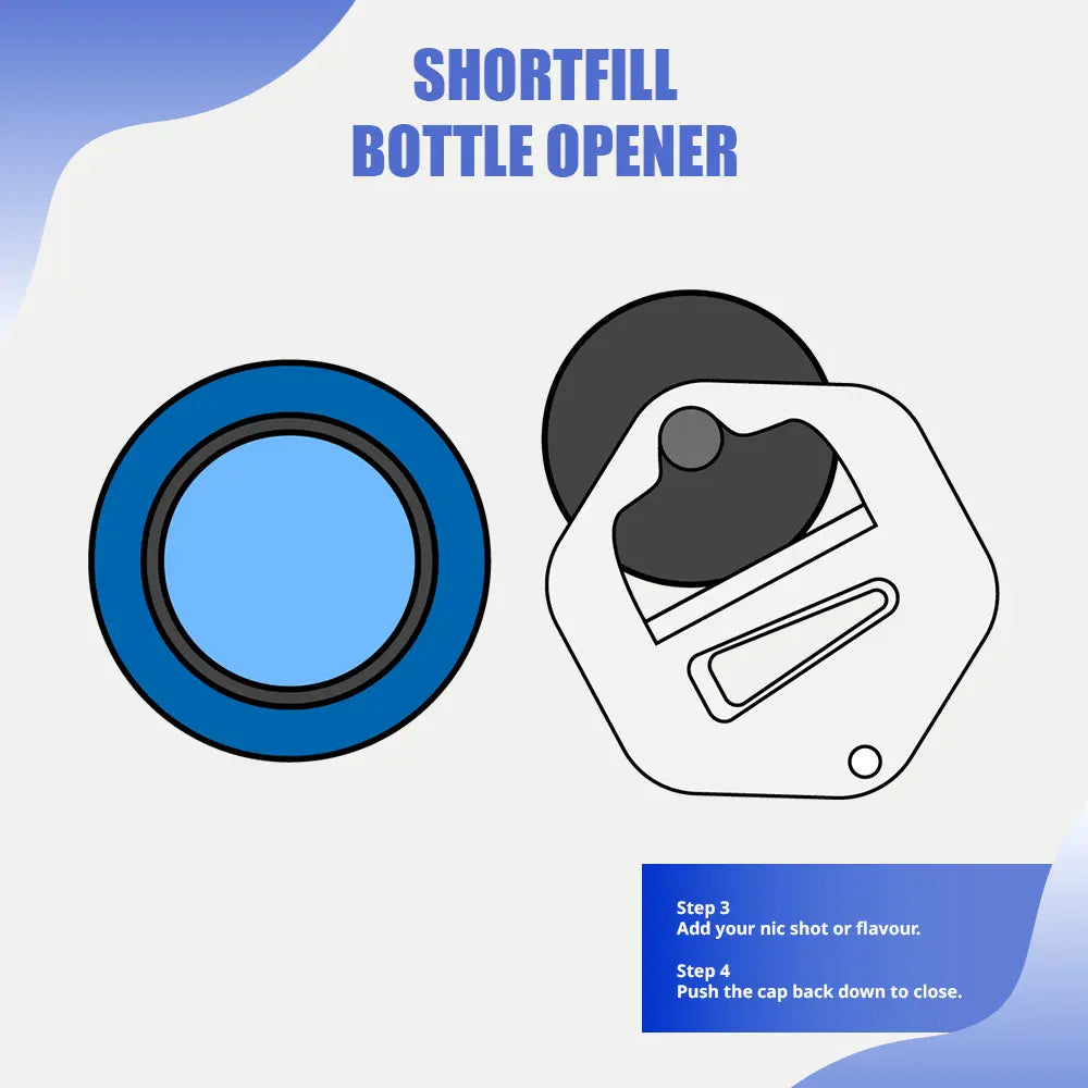 Shortfill bottle opener tutorial step 3 and 4 - showing opened blue bottle cap and bottle opener tool with instructions to add nic shot or flavour then push cap back down to close