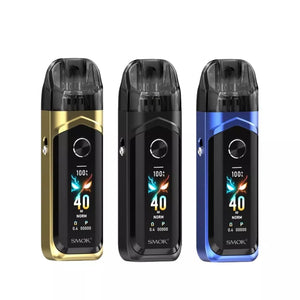 Smok Nord 6 Pod Kit in 3 different Colour Gold, Black and Blue showing the 1.65 inch touch display screen fire button and on the side the adjustable airflow