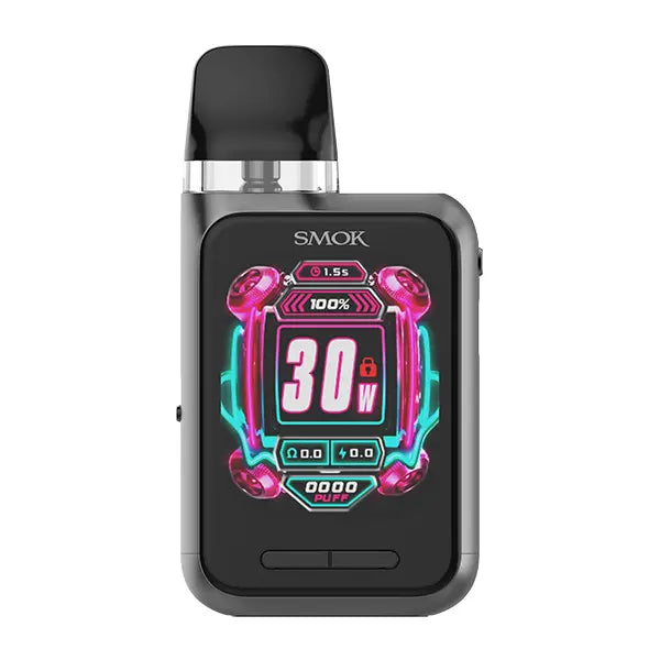 Smok Novo GT Box Pod Kit in gunmetal with vibrant digital display showing 30W power setting.