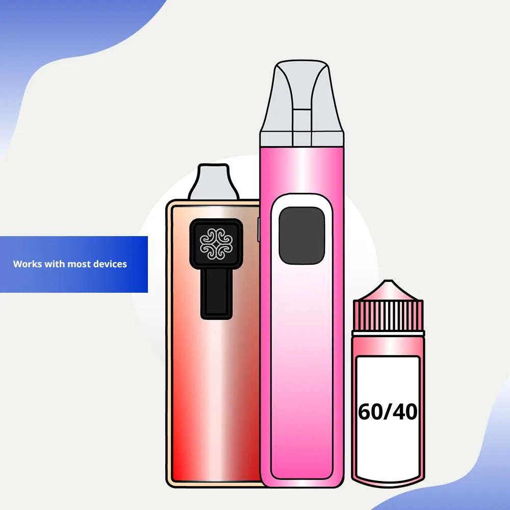Pod vape kits paired with 60/40 e-liquid, delivering a smooth and balanced vape experience that works with most refillable vape devices and coil types