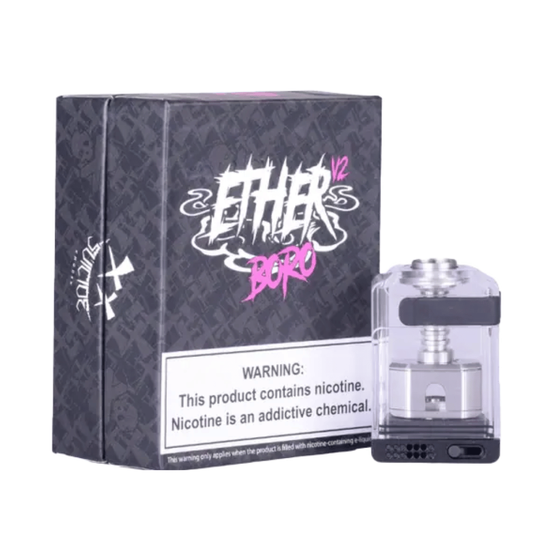 Suicide Mods Ether Boro V2 RBA in stainless steel, with packaging and nicotine warning.