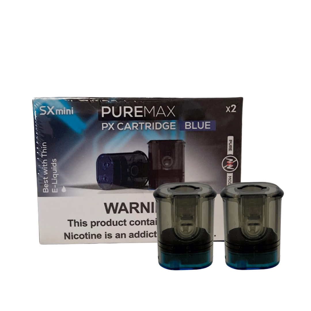 Sxmini Puremax PX Blue replacement pods, shown in packaging with two visible pods in front.