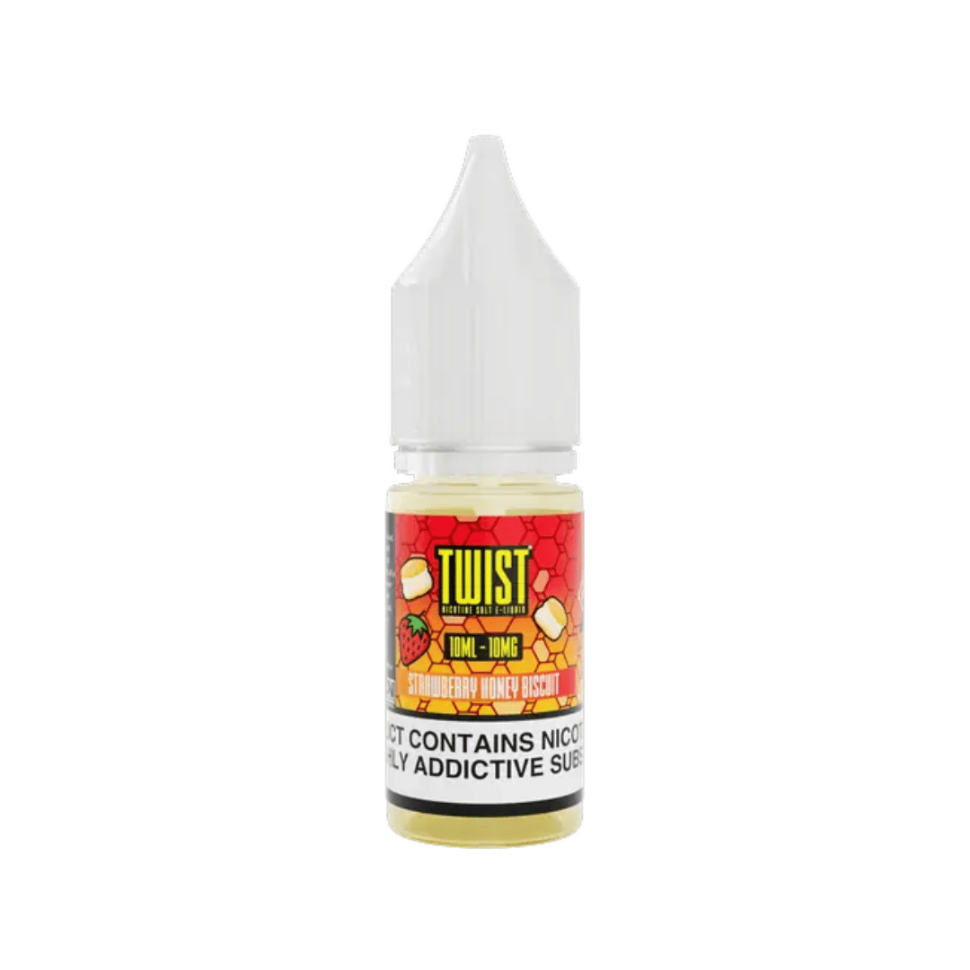 Twist E-liquid 10ml nic salt bottle, strawberry honey biscuit flavour, white background.