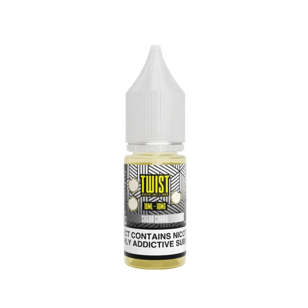 Twist E-liquid 10ml nic salt bottle, Sugar Cookie flavour, with a white and black label.