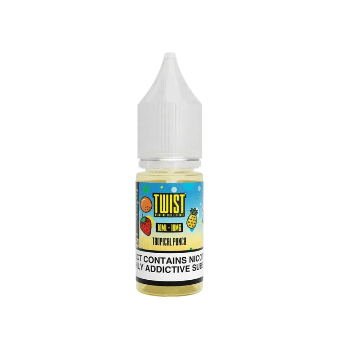 Twist E-liquid 10ml Nic Salt in Tropical Punch flavour with vibrant fruit illustrations.