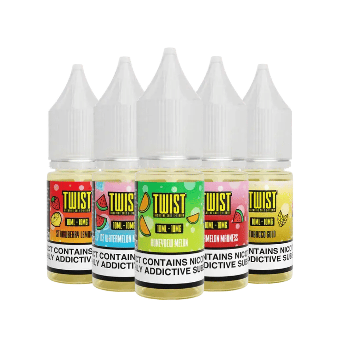 Five Twist E-liquid 10ml nic salt bottles with various fruit flavours displayed.