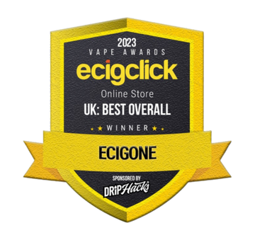 Award badge for 2023 Ecigclick, UK Best Overall Online Store, won by Ecigone, sponsored by Drip Hacks.