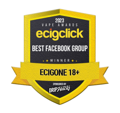 Award badge for Ecigclick's Best Facebook Group 2023, won by ECIGONE 18+, sponsored by Drip Hacks.