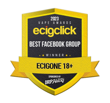 Award badge for Ecigclick's Best Facebook Group 2023, won by ECIGONE 18+, sponsored by Drip Hacks.