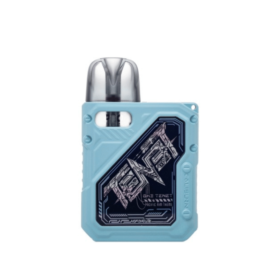 Uwell Caliburn GK3 Tenet pod kit in powder blue with sleek design and visible branding.