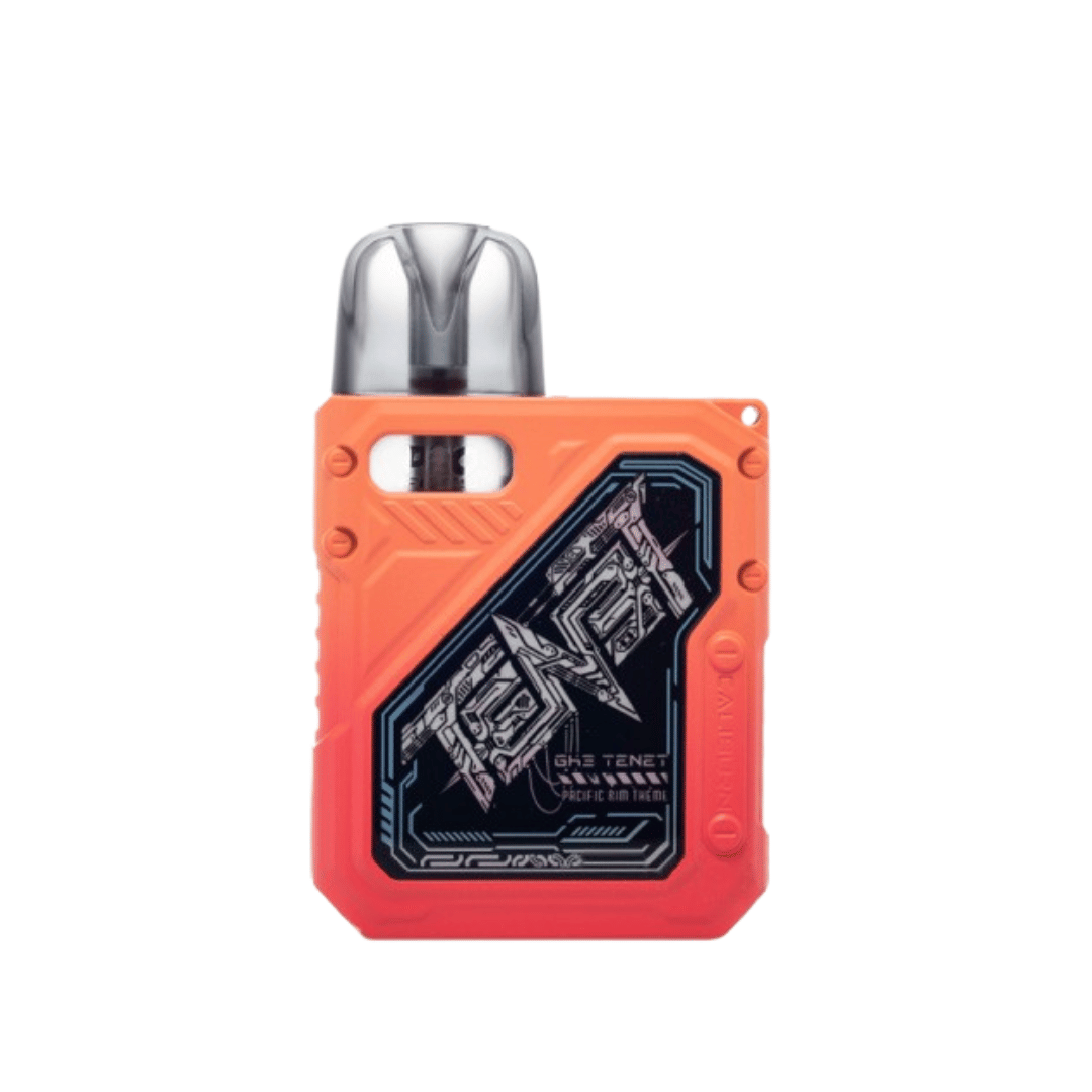 Orange Uwell Caliburn GK3 Tenet Pod Kit with intricate design on black panel.