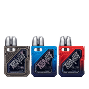 Three Uwell Caliburn GK3 Tenet Pod Kits in grey, blue, and red
