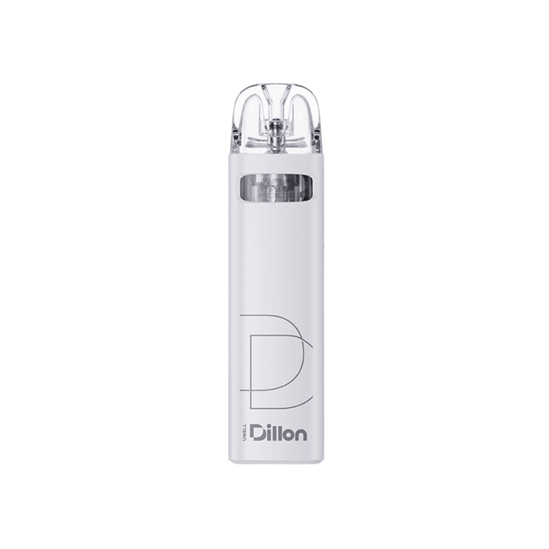 Uwell Dillon EM pod vape kit in off-white, featuring sleek design and transparent top.