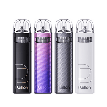 Four Uwell Dillon EM pod vape kits in black, purple, grey, and white, displayed side by side.