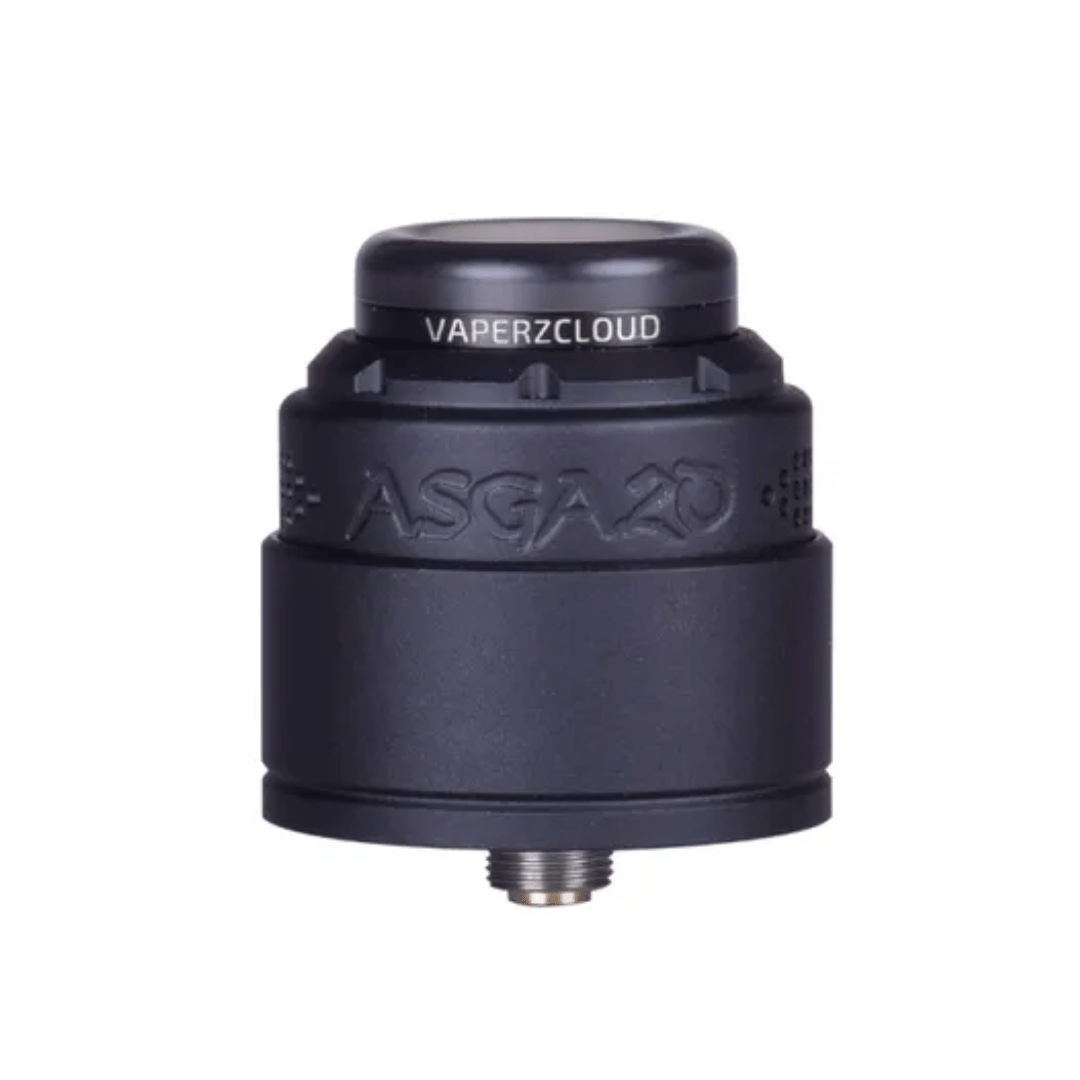 Black Vaperz Cloud Asgard V2 RDA with engraved logo on a white background.