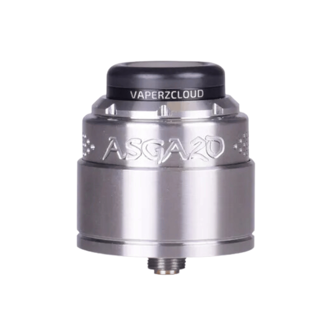 Stainless steel Vaperz Cloud Asgard V2 RDA with engraved logo and black top cap.