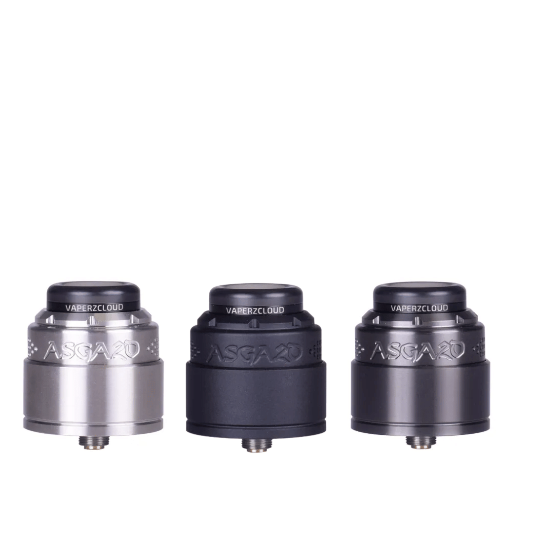 Three Vaperz Cloud Asgard V2 RDAs in silver, black, and grey on a white background.