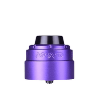 Purple Vaperz Cloud Asgard XL RDA with black drip tip, front view.