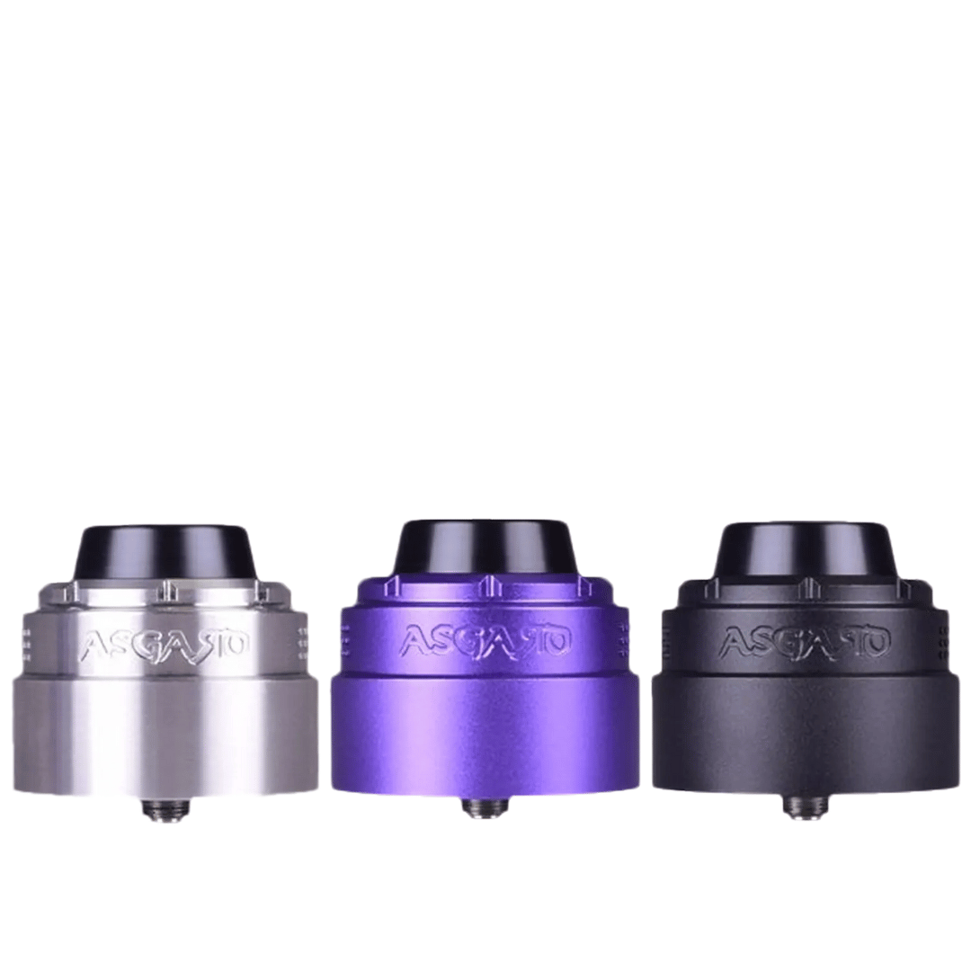 Three Vaperz Cloud Asgard XL RDAs in silver, purple, and black, lined up side by side.