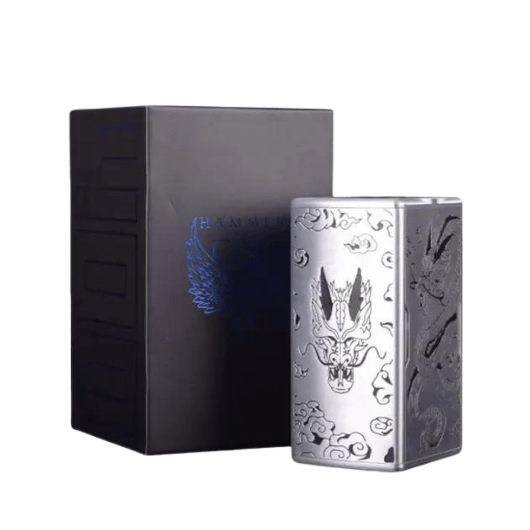 Silver Vaperz Cloud Hammer of God Shinobi mod with decorative box in background.