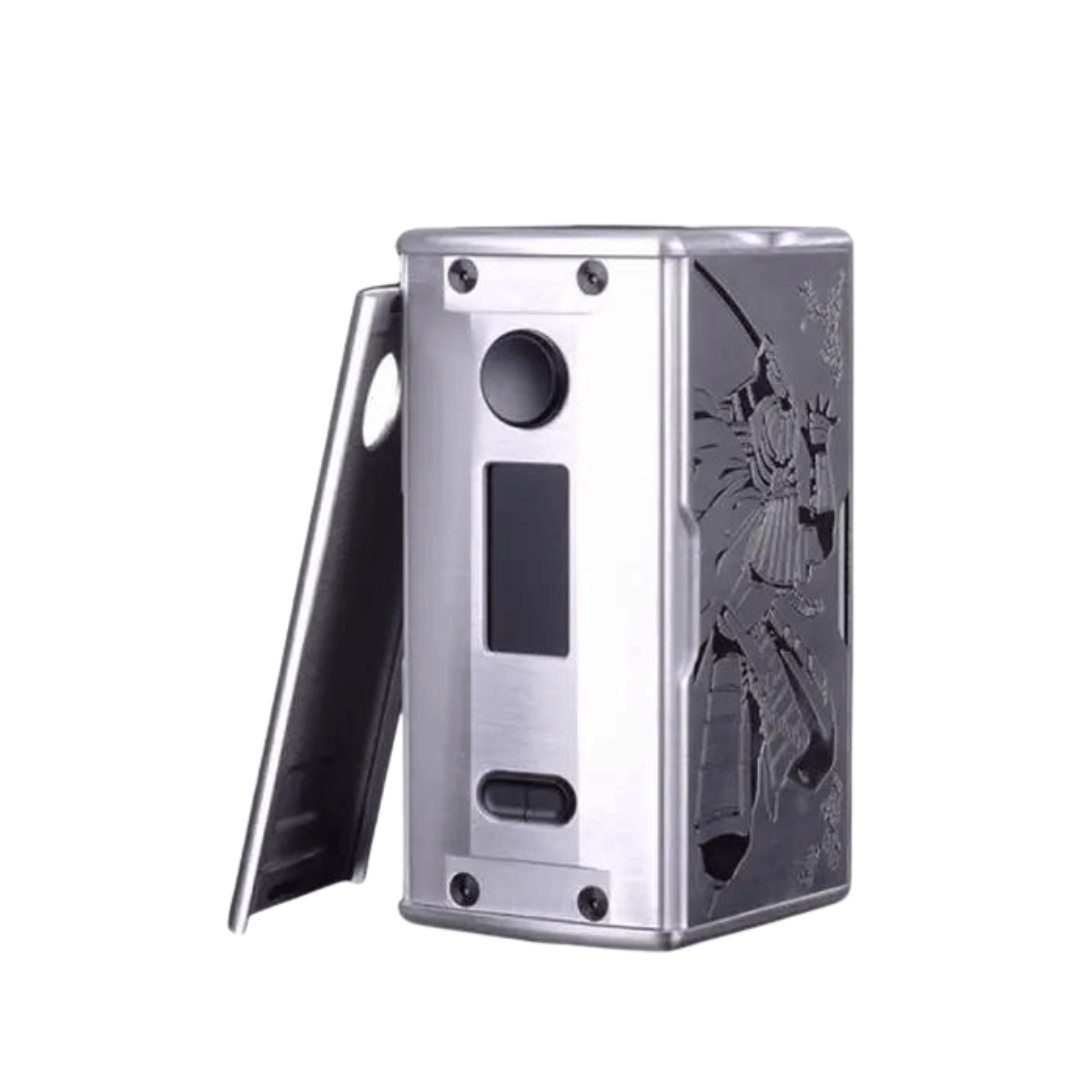 Silver Vaperz Cloud Hammer of God Shinobi vape mod with intricate side panel design.