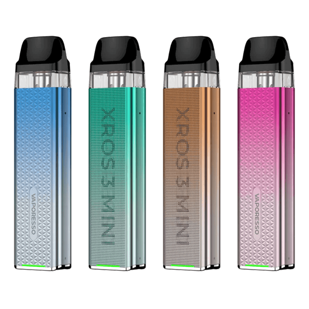 Four Vaporesso Xros 3 Mini pod kits in blue, green, gold, and pink, displayed side by side.