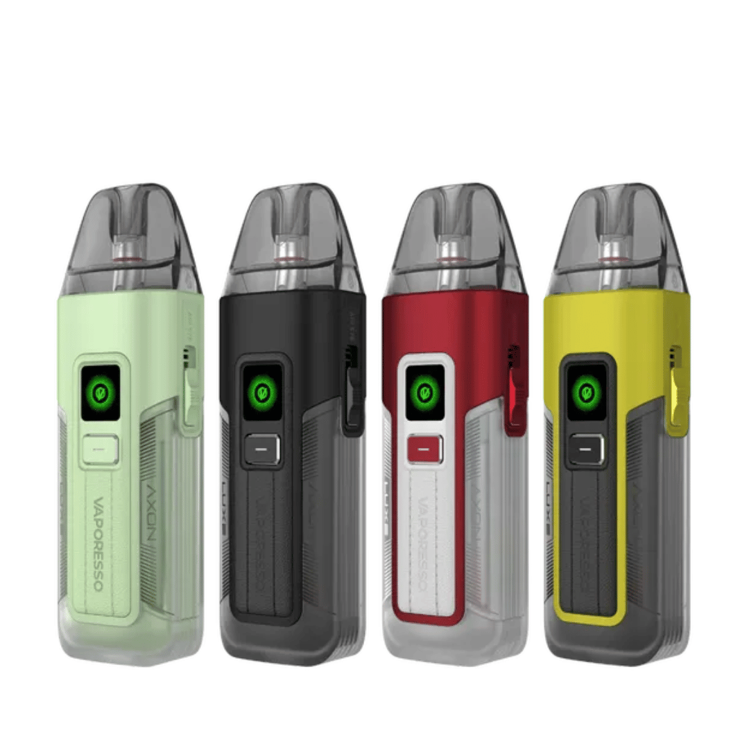 Four Vaporesso Luxe X2 pod vape kits in green, black, red, and yellow.