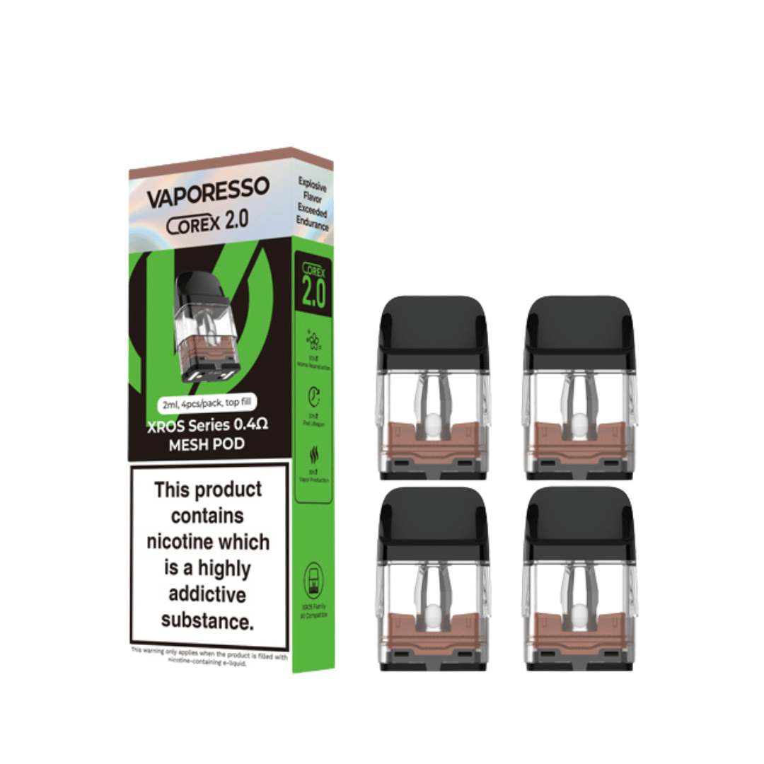 Vaporesso XROS 2.0 replacement pods, 0.4Ω, with COREX tech and nicotine warning on the box.