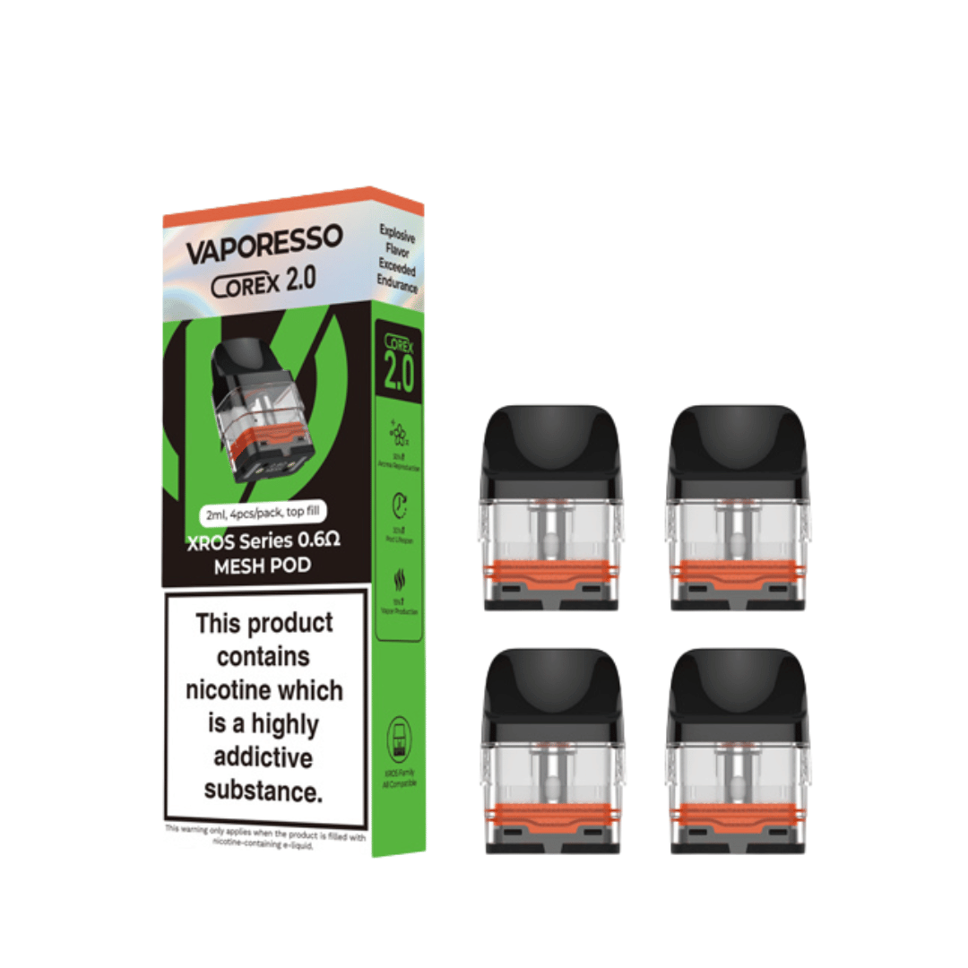 Vaporesso XROS 2.0 replacement pods, 0.6Ω mesh, shown with packaging displaying nicotine warning.