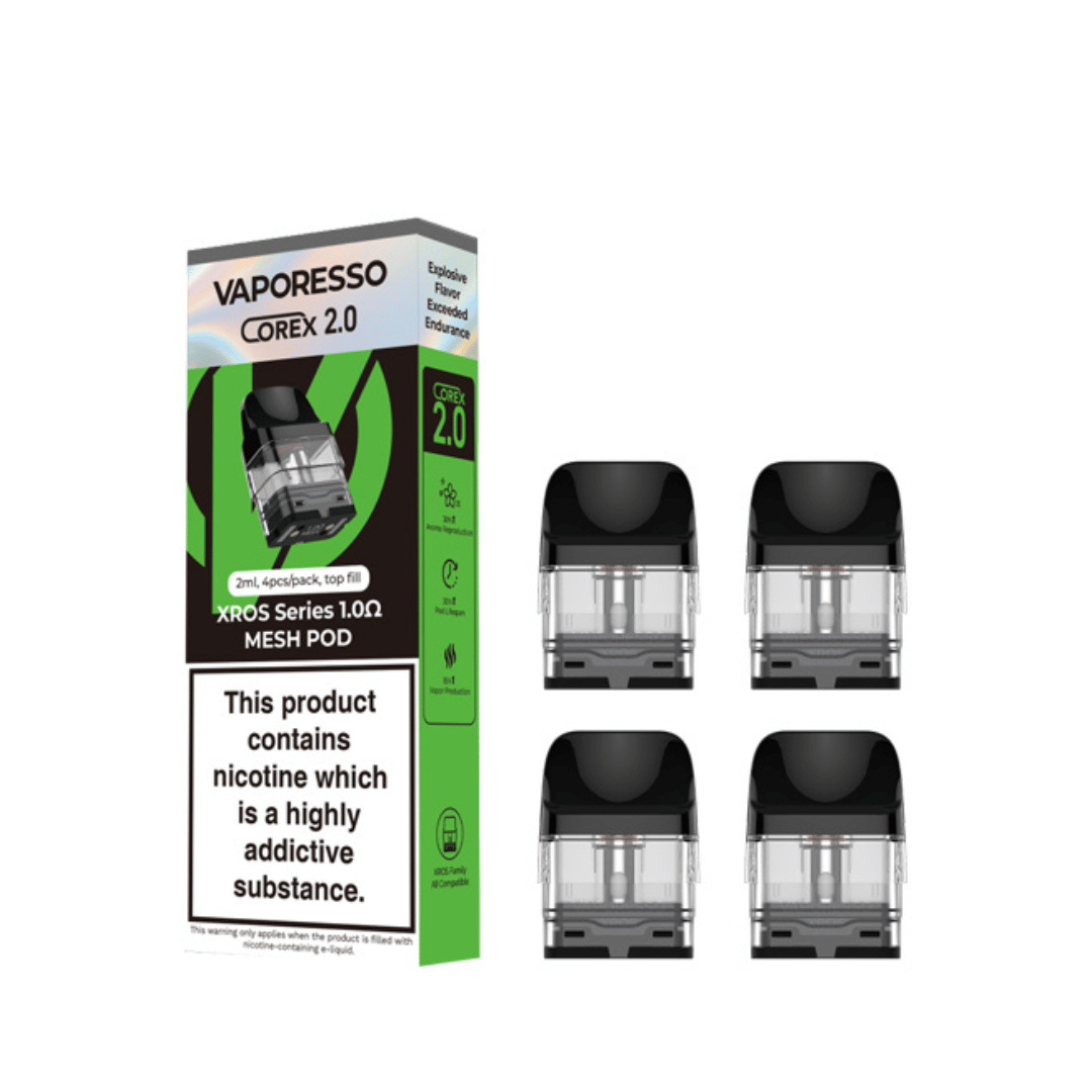 Vaporesso XROS 2.0 replacement pods with packaging, featuring four mesh pods.