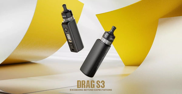 Voopoo Drag S3 vape kit in dark carbon finish with MTL tank, displaying 60W on screen against a yellow and white background.