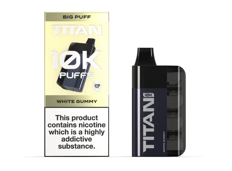 Image of the Titan 10K Disposable Vape Kit in White Gummy Flavour, featuring a sleek black device and packaging with '10K Puffs' prominently displayed.