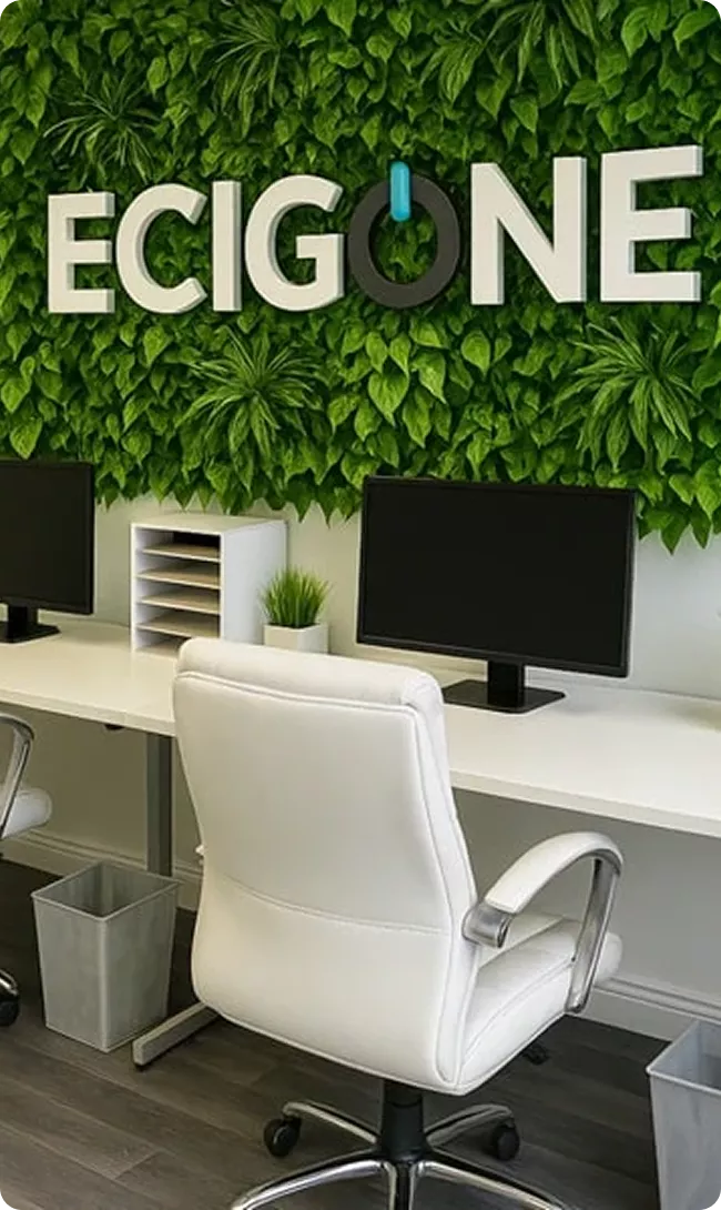 Ecigone head office interior with living green wall featuring company logo