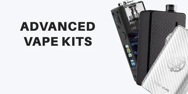 Advanced vape kits banner featuring high-end devices like the LVE Orion II with a clear tank and carbon fiber Lost Vape mods with digital wattage displays.