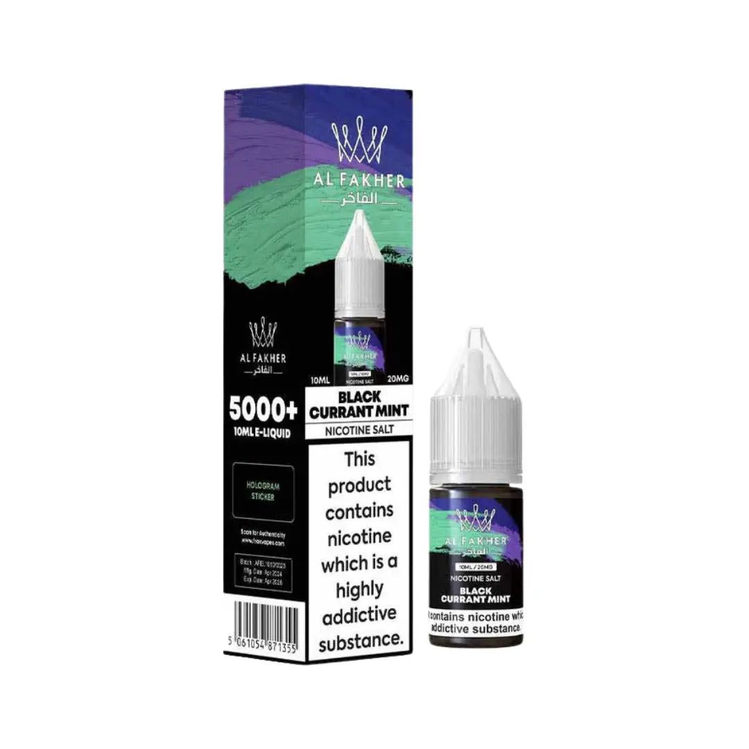 Al Fakher 10ml Nic Salt Blackcurrant Mint e-liquid bottle and box packaging