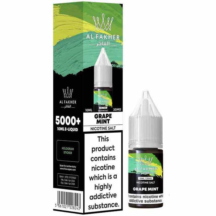 Al Fakher 10ml Nic Salt Grape Mint e-liquid bottle and box packaging